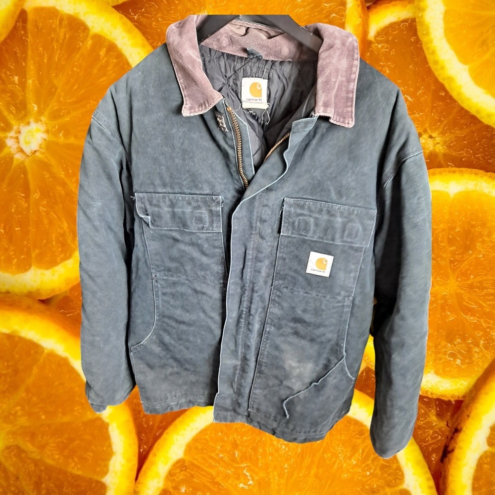 Vintage Carhartt Work Jacket‎ Chore Coat Corduroy Collar Heavy Duty Navy Size 46